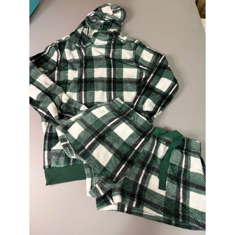 Orange Kiss Green Plaid Fleece Pajama Set Hoodie and Shorts Women Large